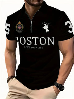 Men'S 3D Digital Print Zip-Up Polo Shirt