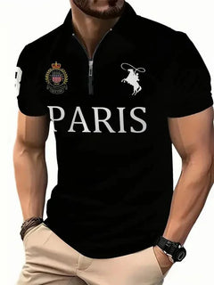 Men'S 3D Digital Print Zip-Up Polo Shirt