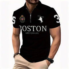 Men'S 3D Digital Print Zip-Up Polo Shirt
